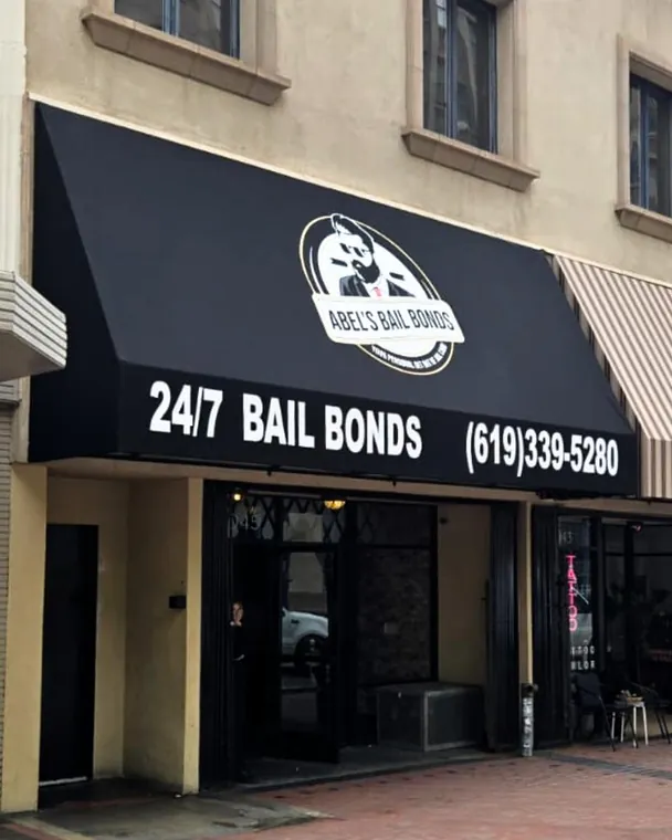 Abel’s Bail Bonds black awning with white lettering