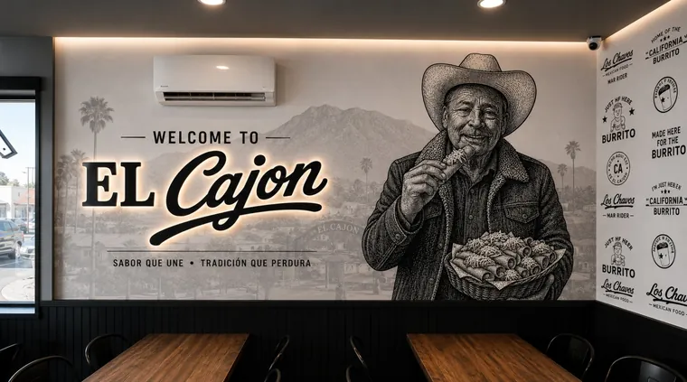Welcome to El Cajon wall mural with a portrait at Los Chavos