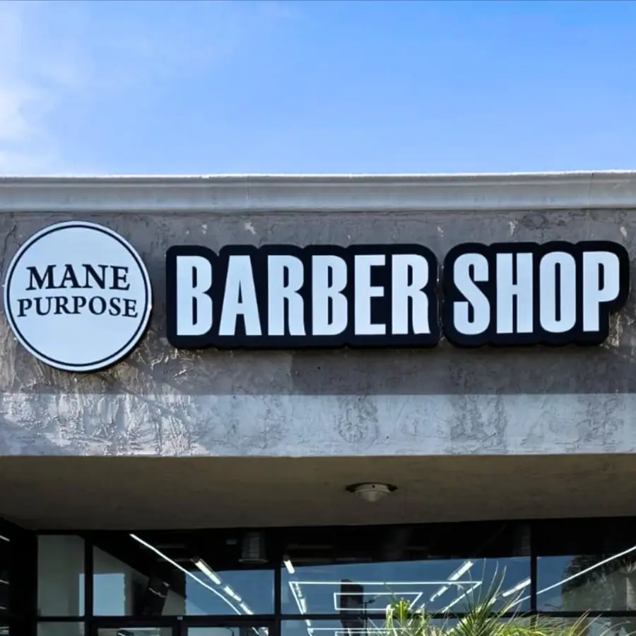 Mane Purpose Barber Shop channel letters and round logo cabinet