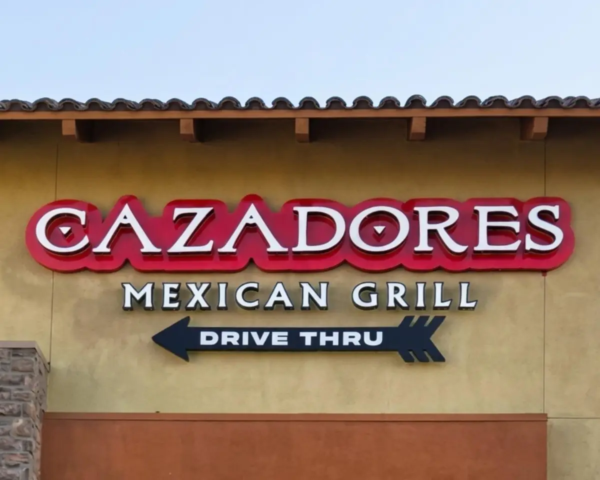 Cazadores Mexican Grill channel letters and drive thru sign on a stucco building