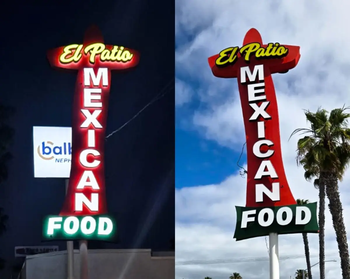El Patio Mexican Food pylon sign shown in daylight and lit up at night