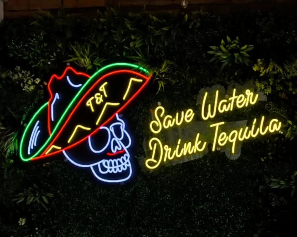 T and T taco skull neon sign reading Save Water Drink Tequila on a greenery wall