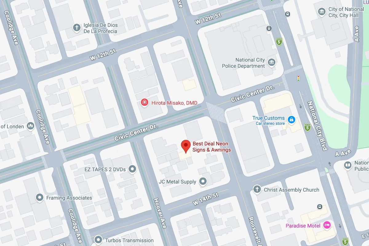 Map showing Best Deal Neon Signs and Awnings at 122 Civic Center Drive in National City, California
