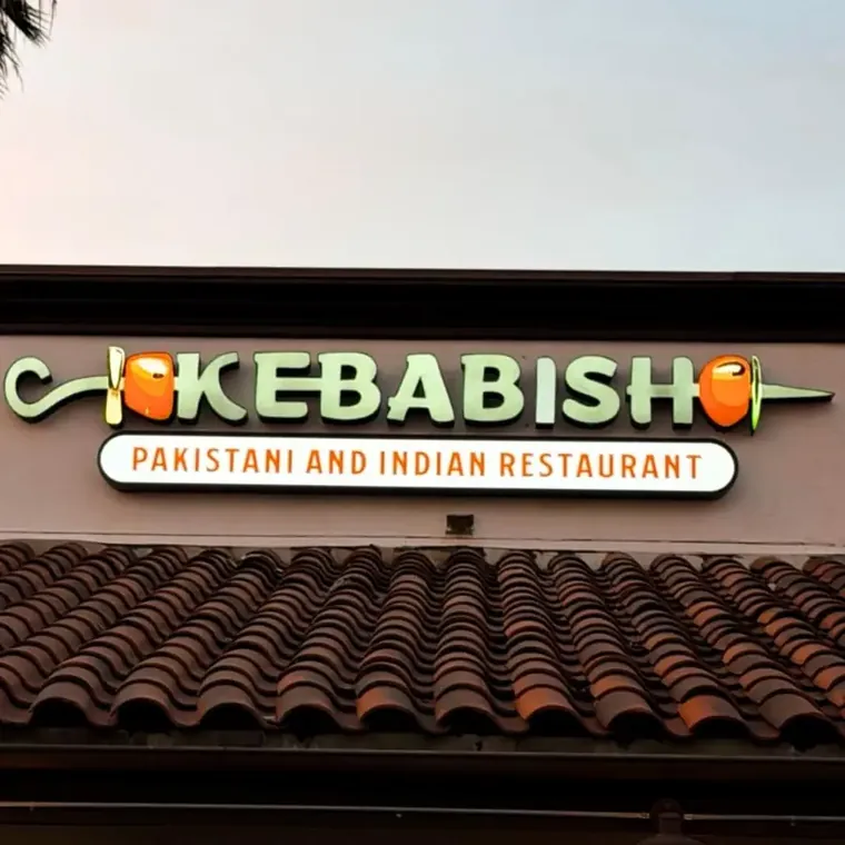 Kebabish Pakistani and Indian Restaurant channel letters with skewer graphics