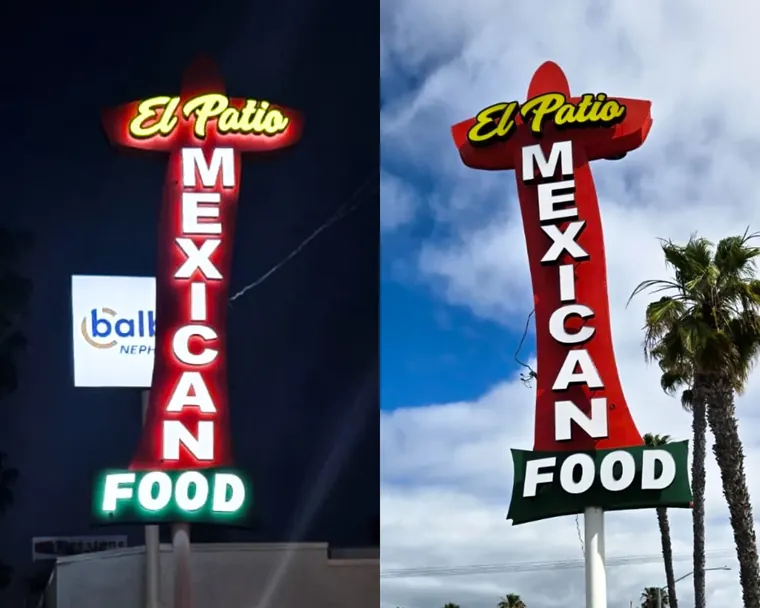 El Patio Mexican Food pole sign shown in daylight and lit up at night
